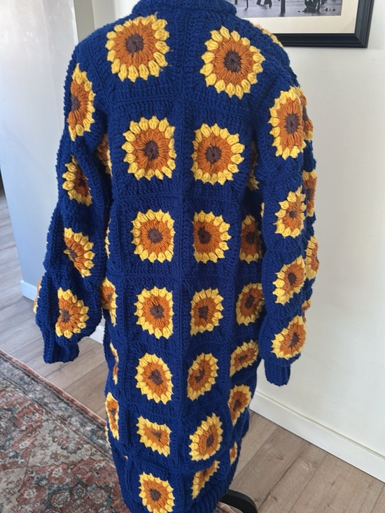 Handmade Sweaters - Handmade Blue Sunflower Crochet Cardigan Sweater